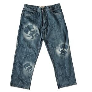 Muka Jeans Baggy Y2K Airbrushed Skull Stitches All Over Design Grunge Jeans 42